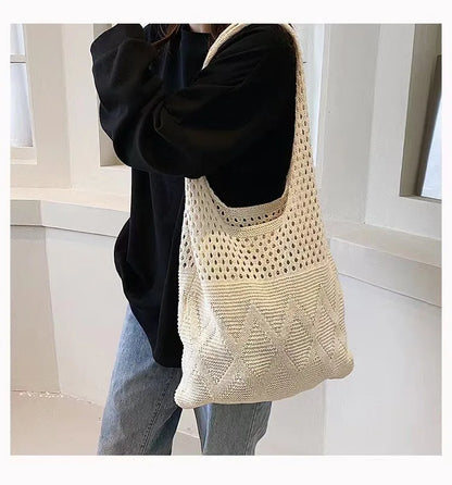 Casual Hollow Out Knitted Women Shoulder Bags Woolen Weave Large Capacity Tote Bag Summer Beach Bag Big Shopper Purses 2024