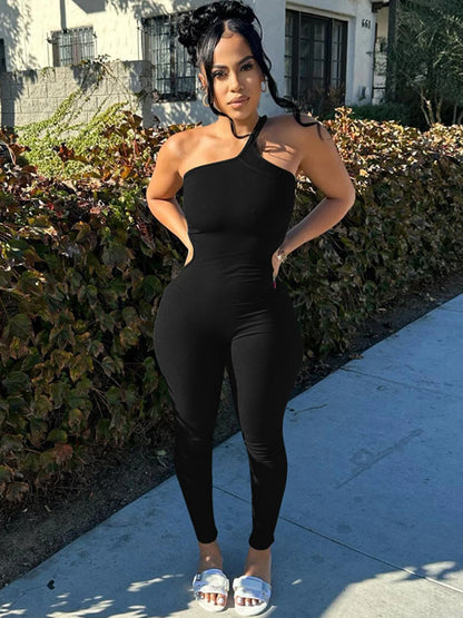 Dulzura Black Sleeveless One Shoulder Ribbed Jumpsuit Women Bodycon Sexy Streetwear Outfits Club Fall Winter Wholesale Rompers