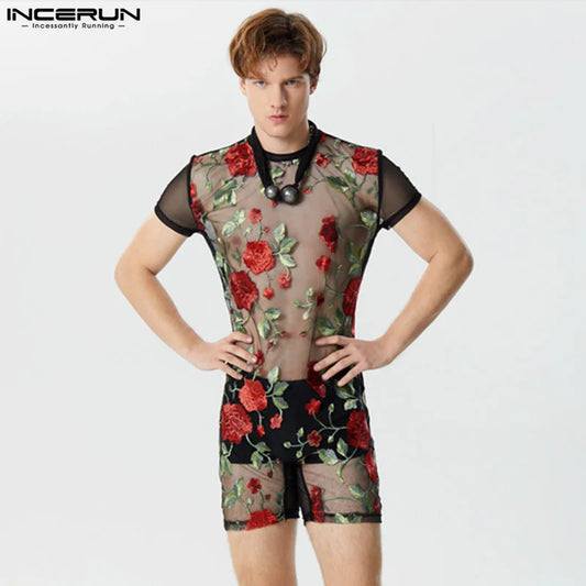 2024 Monos de hombre de malla transparente con bordado de flores, cuello redondo, manga corta, monos unisex de moda sexy, tallas S-5XL INCERUN