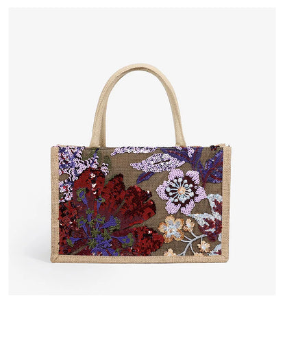 Sac fourre-tout brodé à paillettes tendance, petit sac à main élégant à fleurs pour femmes, sacs de plage d'été décontractés, sac cartable de vacances 2024