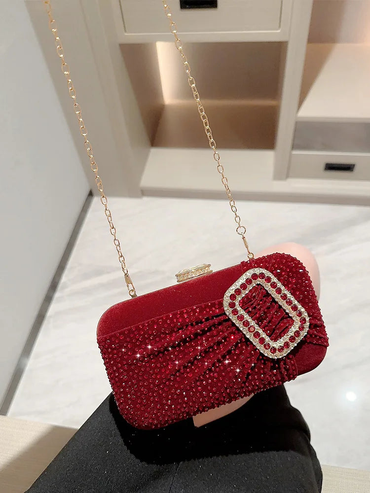 Bolsos de noche con diamantes de imitación de color rojo vino para mujer, bolsos de mano de tela de terciopelo a la moda, bolsos de mano para dama, bolsos para bodas y fiestas