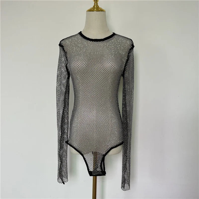 Haut à manches longues et col rond pour femme, body sexy à paillettes, noir, automne, nouveau, 2024, haut en maille, décontracté, streetwear, couvre les combinaisons