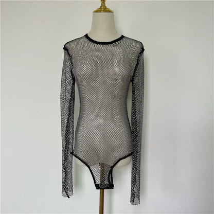 Monos elásticos de cuello redondo para mujer, ropa de calle de manga larga, mono brillante hermoso, mono básico negro con entrepierna ajustada