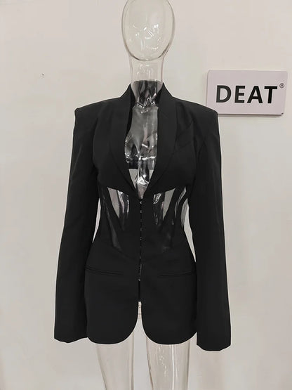 DEAT Fashion Women Blazer Notched Collar Full Sleeve Hidden Breasted Lace Patchwork Waist Black Jacket Autumn 2024 New 17A8211