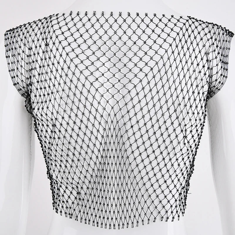 Sexy Women Tops Crystal Diamonds Mesh Rhinestone Tank Top Summer New Beachwear See Through Fishnet Party Crop Top