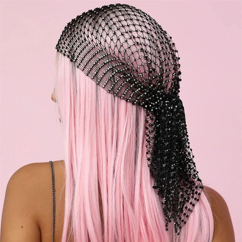 Banda para el pelo para mujer, pañuelo de rejilla con cristales y diamantes de imitación, turbante de estilo hip hop, accesorios para ropa de calle musulmana, envío directo