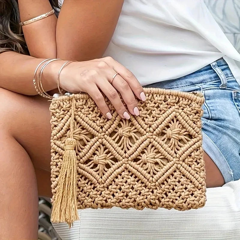 Bolso de mano tejido con cuerda de moda para mujer, bolso de mano informal con borlas huecas, bolsos de playa de verano hechos a mano 2024