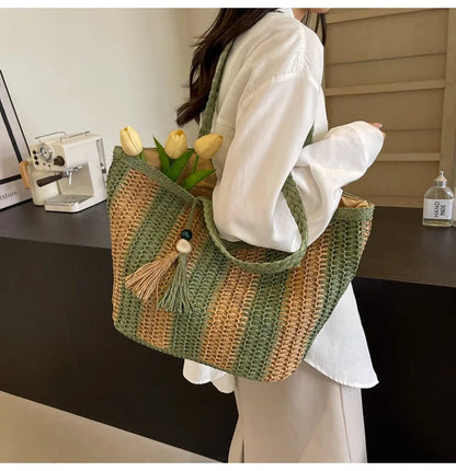 Bolso tejido de paja estilo vacaciones de verano, gran capacidad, versión coreana, tendencia occidental, bolso de hombro, bolso de mano de viaje de moda, diseñador