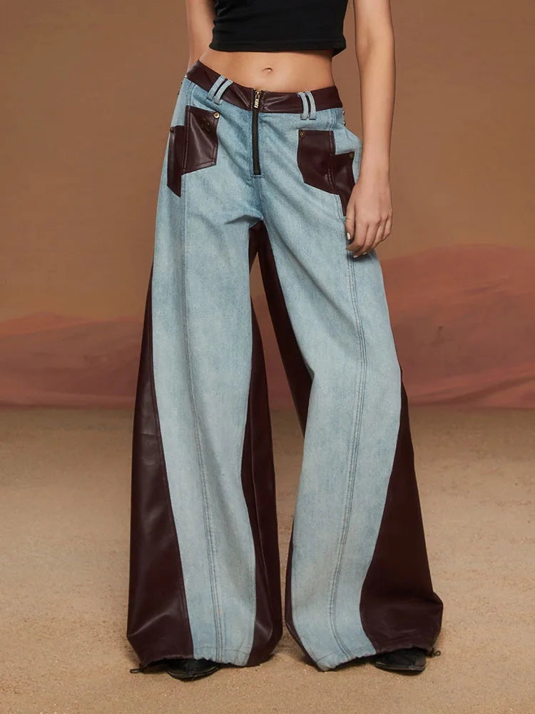 DEAT Fashion Pantalones vaqueros de cuero con contraste y parches lavados para mujer, pantalones vaqueros de cintura alta, rectos y de pierna ancha, primavera 2024, nuevos 7AB3202