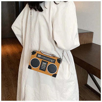 Bolso bandolera con forma de radio vintage exclusivo para mujer, bolso de hombro con cierre de clip