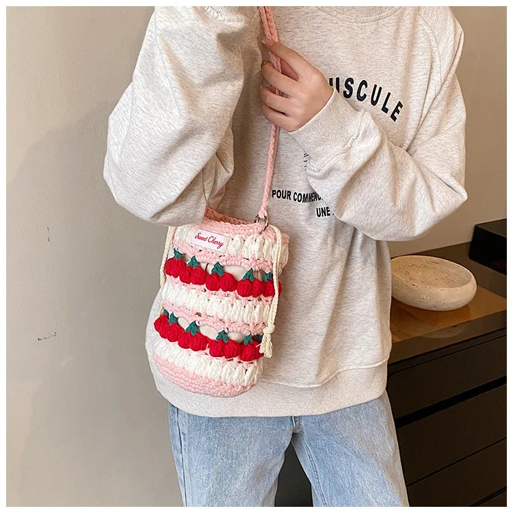 Handmade Woven Cherry Woolen Bag Fresh Fruit Woven Bag Crochet Knitted Bag Leisure String Shoulder Crossbody Bag 2024 New