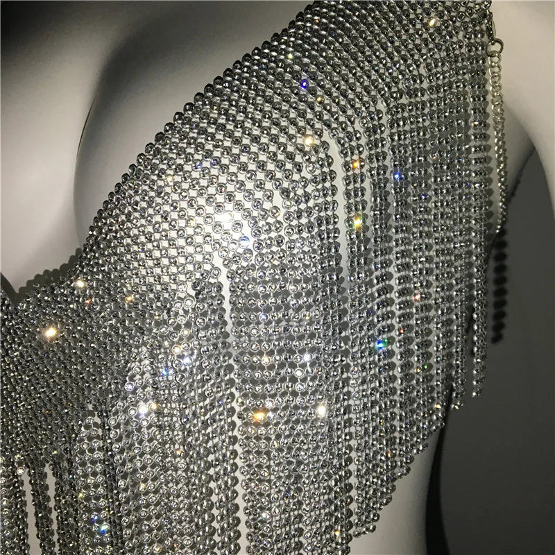 Chaleco con cuello halter y brillantes diamantes de imitación para mujer, top sexy de playa con borlas y cadena sin espalda para mujer, top corto calado para fiesta 2023