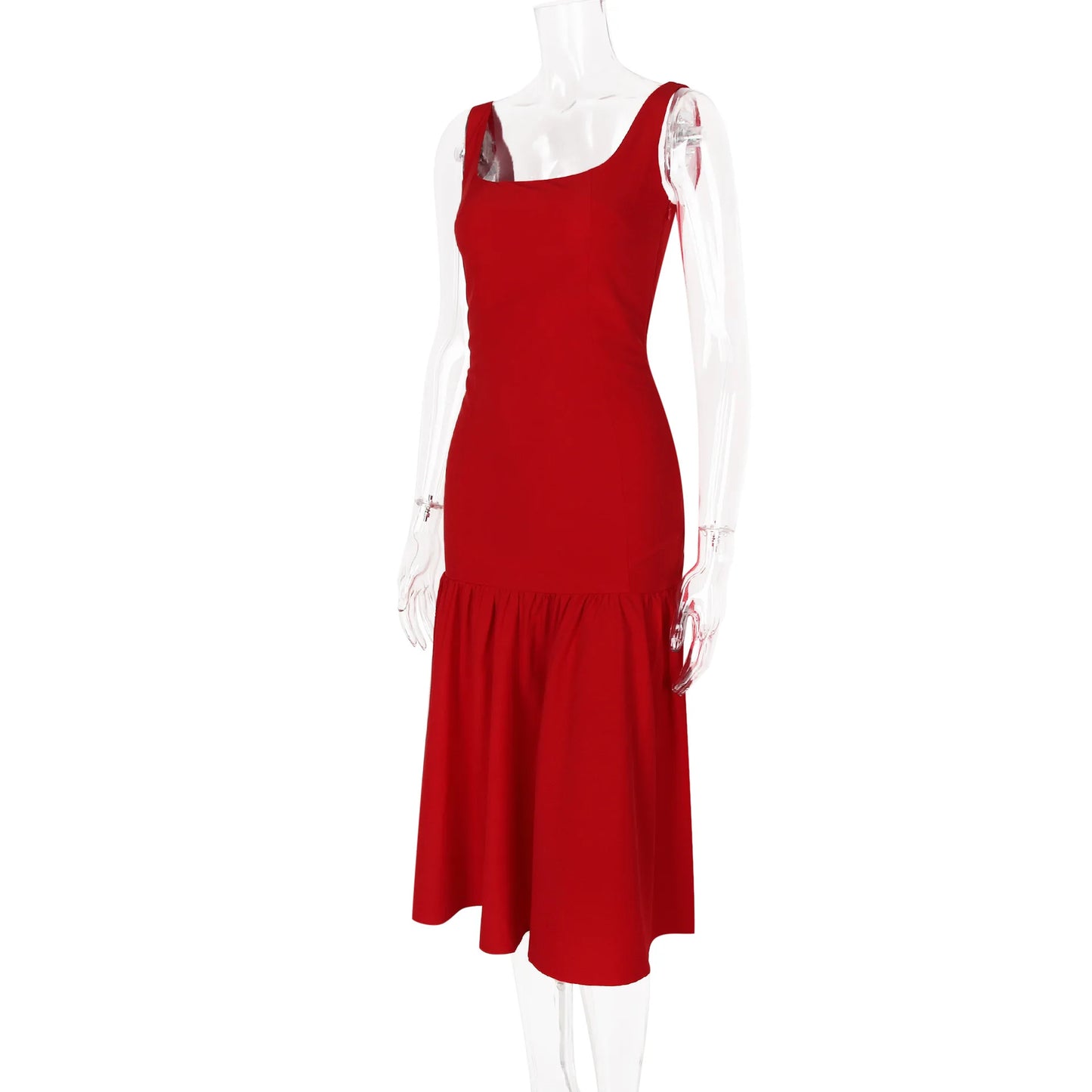 Suninheart Vestido Midi de Fiesta 2024 Recién Llegados Vestido Elegante con Dobladillo y Tirantes Finos Rojos Vestidos Casuales para Fiestas de Cumpleaños