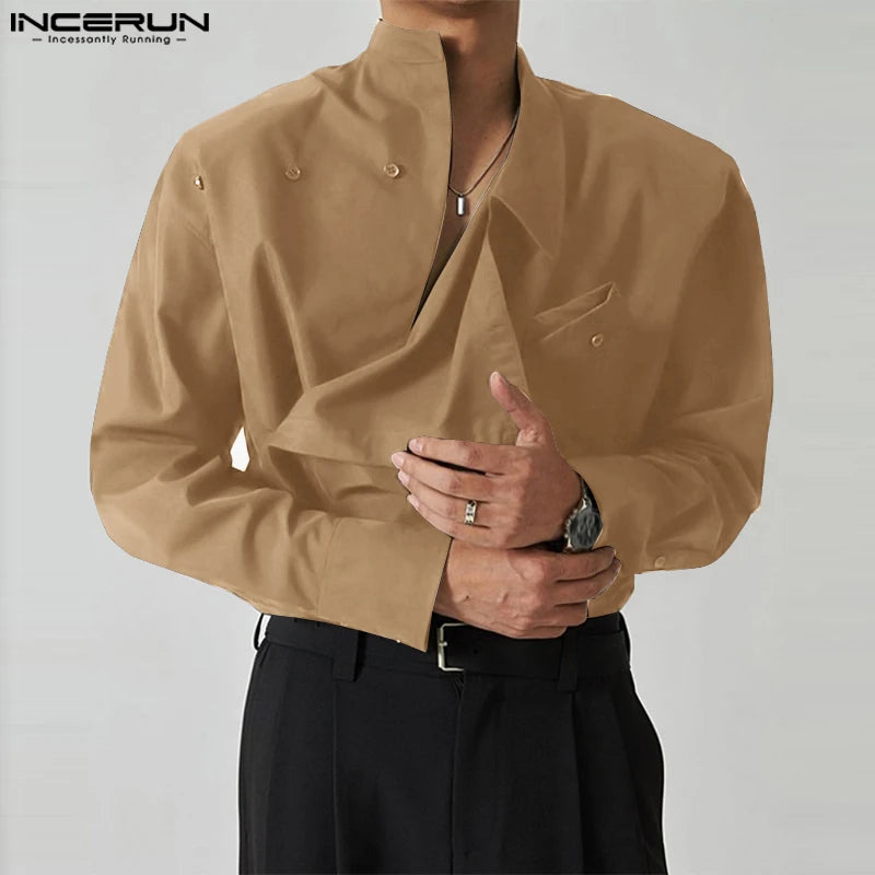 Camisa irregular para hombre 2023, color sólido, cuello alto, suelta, manga larga, ropa informal para hombre, ropa de calle, camisas de moda para hombre INCERUN