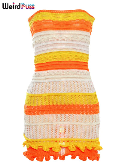 Vestido tubo de punto de Weird Puss para mujer, elegante vestido de verano con estampado de rayas y dobladillo con volantes, ajustado, elástico, para vacaciones en la calle y discotecas