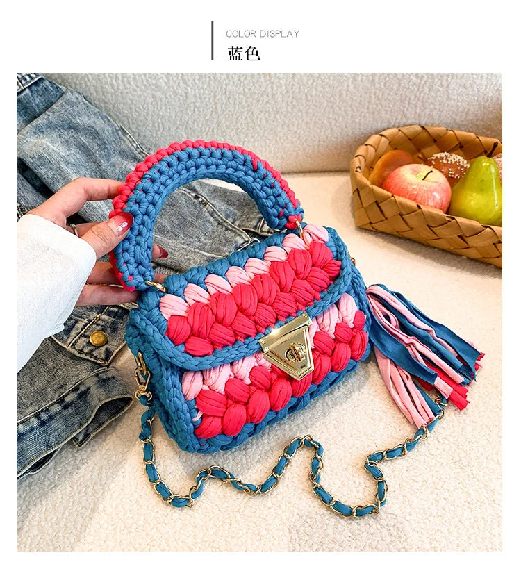 Fashion Colorful Crochet Women Handbags Trend Handmade Woven Chains Shoulder Crossbody Bag Small Flap Female Purses 2024