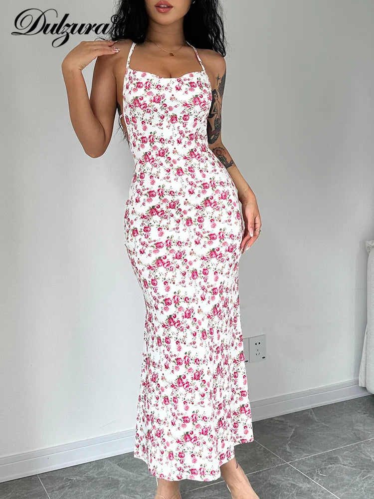 Dulzura - Vestido largo con cuello halter y encaje floral para mujer, vestido midi ajustado sin espalda, atuendo sexy para fiesta y club, ropa de calle, vestido de verano