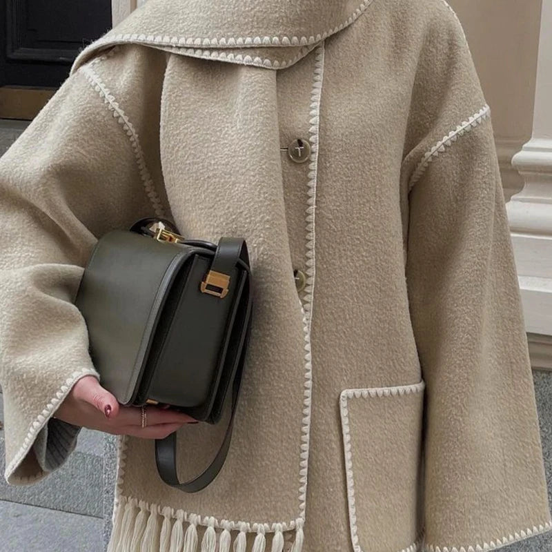 Abrigo elegante y holgado para mujer con bufanda, moda de manga larga con bolsillo, un solo pecho, chaqueta para mujer otoño invierno 2023