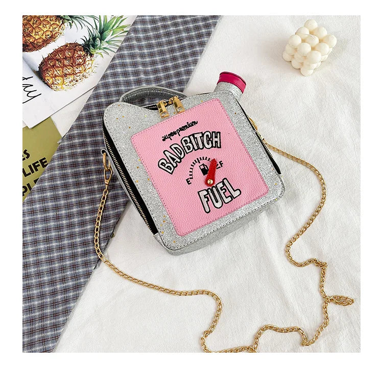 Fashion Personality Laser Sequin Embroidery Letter Oil Pot Bag Creativity Funny Chain Shoulder Bag Women Cute Messenger Bag