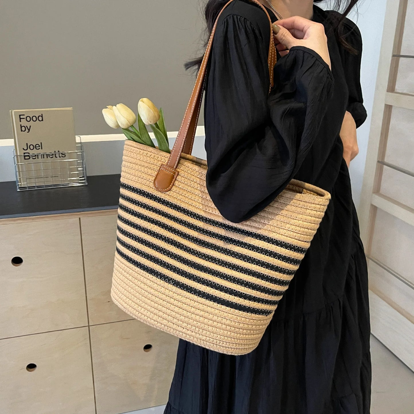 Casual Large Capacity Striped Bucket Bag Weave Women Shoulder Bags Simple Summer Beach Bag Big Shopper Purses Vacation Travel