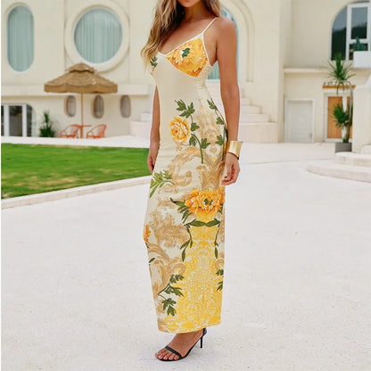 Robe à bretelles sans manches à imprimé floral pour femmes, mode col en V, robes maxi slim, été chic, femme, plage, fête, club, 2023