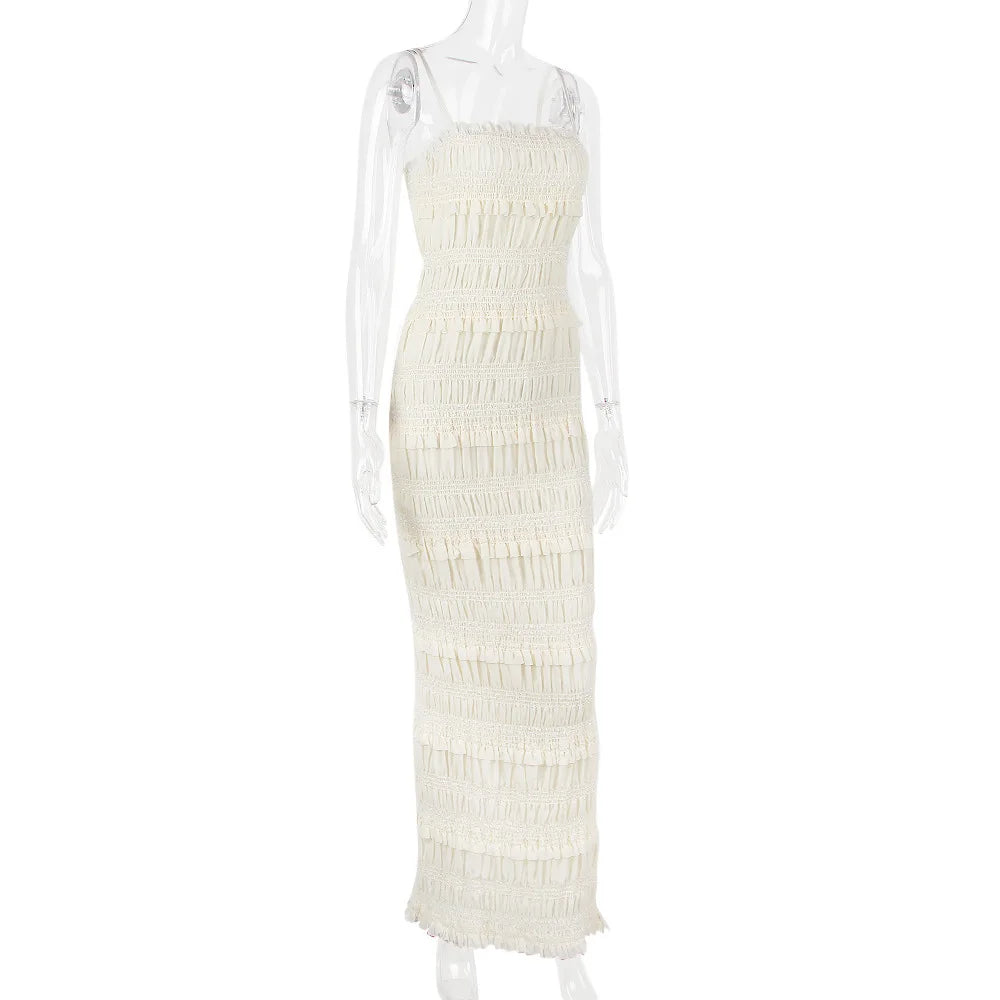 Suninheart Été Maxi Spaghetti Strap Wed Bride Dress Élégante Occasion Formelle Beige Slim Party Even Dress Femmes