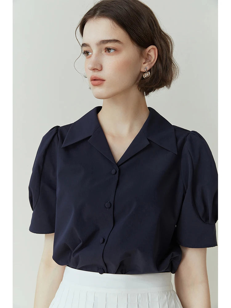 FSLE Office Lady Turn-Down Collar Women Short Sleeve Shirts Simple White Temperament Commuter Blouses Women Summer Tops