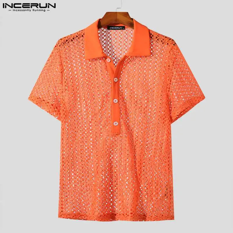 Camisa de moda para hombre, de malla transparente, con solapa hueca, de manga corta, ropa de calle para hombre 2023, camisas sexis de color sólido S-5XL INCERUN