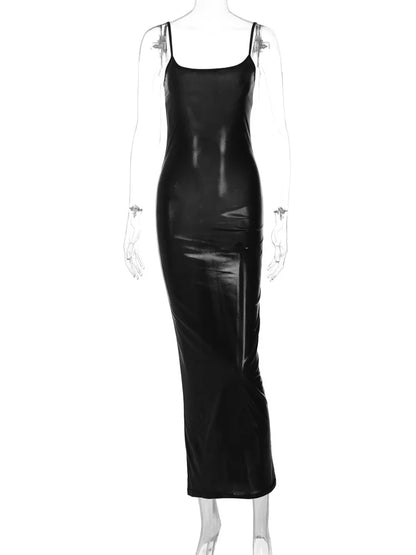 Dulzura Faux Leather Midi Dress For Women Strap Long Dress Bodycon Sexy Party Birthday Outfits Evening Clothes Spring Summer