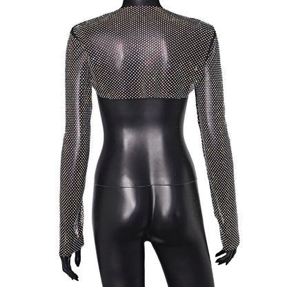 Top corto con diamantes brillantes hecho a mano para mujer, top corto sexy con agujeros, camisetas sin mangas cortas para discoteca, chaleco de tubo negro brillante, top con diamantes