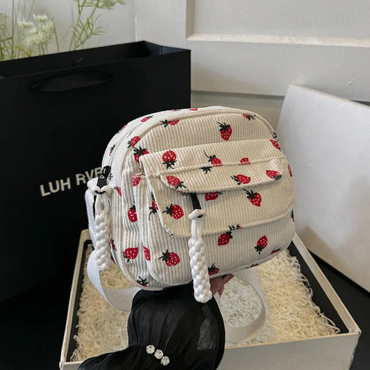 Sacs à bandoulière à motif de fraises Harajuku pour femmes, sac à bandoulière en velours côtelé vintage, mignon et décontracté, petits sacs à main pour téléphone 2024