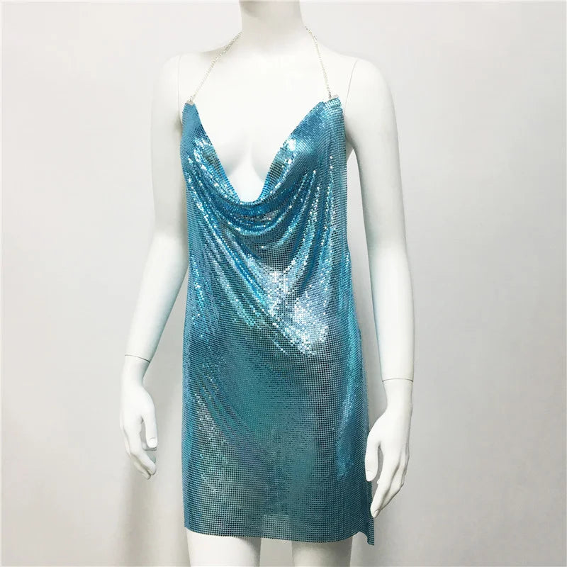 Robe d'été sexy à paillettes et chaîne transparente pour femme, dos nu, tenue de fête d'anniversaire, de boîte de nuit, robe de soirée en métal