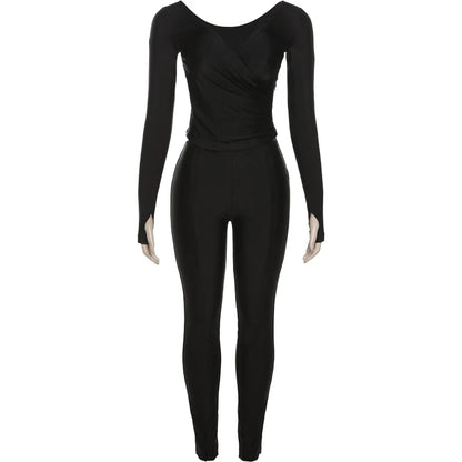 Conjunto de chándal elegante de 2 piezas para mujer de Weird Puss, top corto ajustado con cuello cruzado y leggings, conjuntos de ropa de calle elásticos a juego