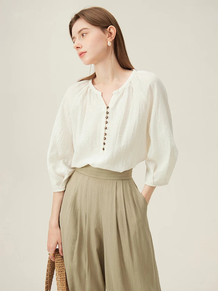 FSLE French Linen Beige Three-quarter Sleeve Elegant Summer Thin Shirts Loose Round Neck Pullover Blouses 24FS12211