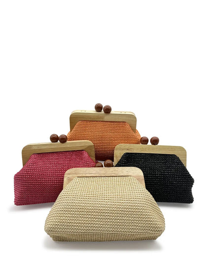 Fashion Wooden Clip Shell Clutch Bags for Women Straw Chains Shoulder Crossbody Bags Casual Summer Beach Bag Elegant Party Purse