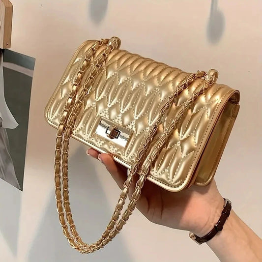 Bolso bandolera acolchado fruncido de moda con cadenas cuadradas para mujer, bolsos de hombro dorados y plateados, bolsos pequeños con solapa 2024