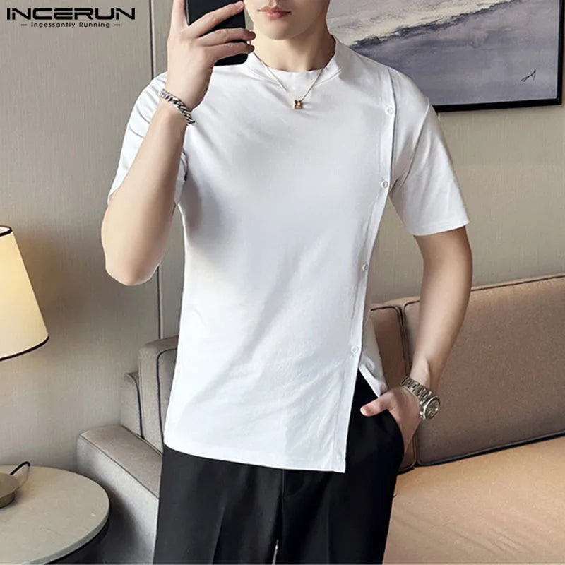 2024 Hommes T-shirt Couleur Unie O-cou Manches Courtes Bouton Décontracté Hommes Vêtements Streetwear Été Coréen Loisirs T-shirt Hauts INCERUN