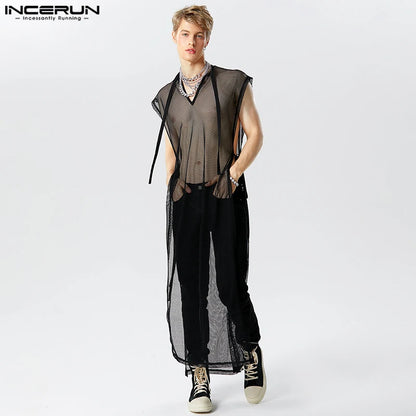 Hauts de style décontracté élégant INCERUN pour hommes Sexy Transparent Mesh Long-style Débardeurs Homme Col en V Sangle Sans Manches Gilets Minces S-5XL