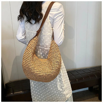 Casual Hobos Straw Women Shoulder Bags Handmade Weave Crossbody Bags Vintage Simple Summer Beach Bag Large Capacity Tote Purses