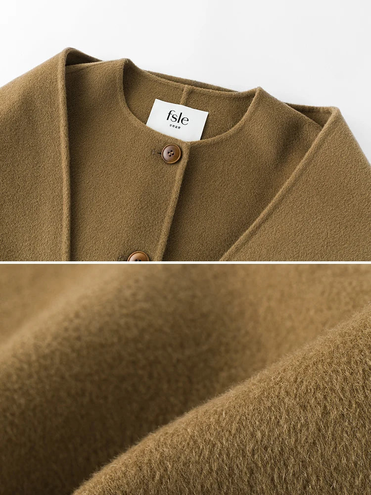 FSLE 100% Wool Camel Color Short Scarf Collar Coat For Women 89.3% Wool 10.7% Lyocell Beige Round Neck Short Female Woolen Coats