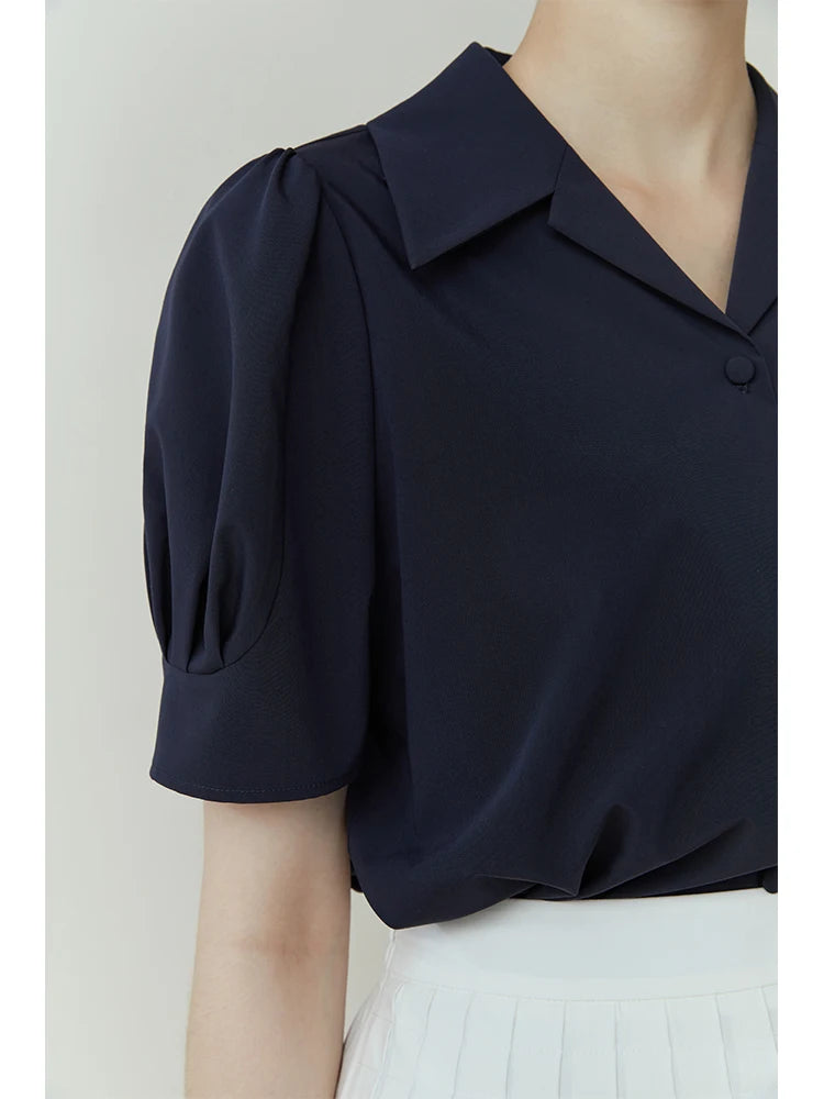 FSLE Office Lady Turn-Down Collar Women Short Sleeve Shirts Simple White Temperament Commuter Blouses Women Summer Tops