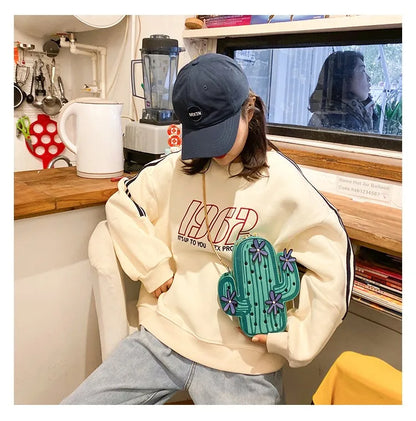 Women embroidery flowers mini chain shoulder bag cute green cactus shape bag flap small desinger crossbody bag for women