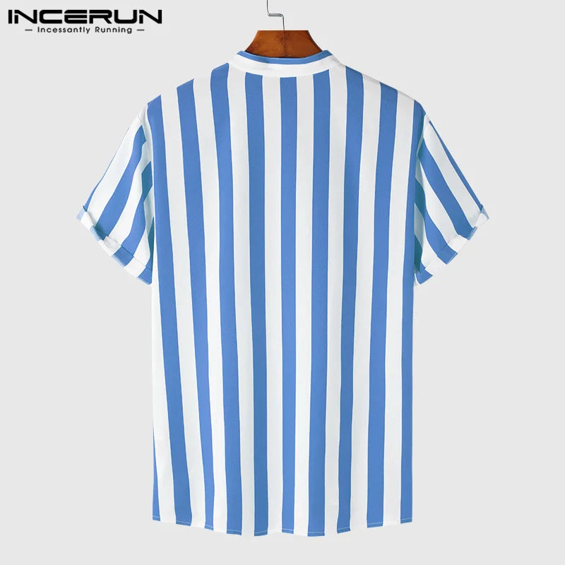 2023 Men Striped Shirt Brand Stand Collar Streetwear Short Sleeve Button Casual Camisa Hombre Leisure Fashion Tops INCERUN S-5XL