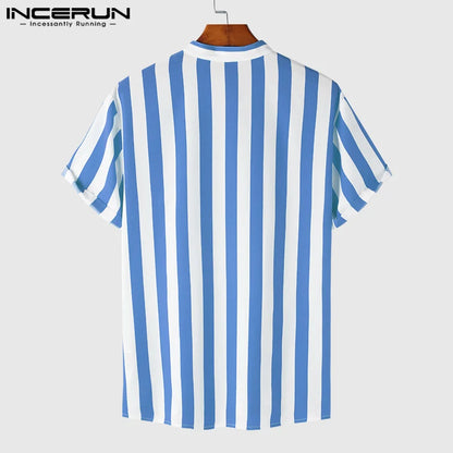 2023 Men Striped Shirt Brand Stand Collar Streetwear Short Sleeve Button Casual Camisa Hombre Leisure Fashion Tops INCERUN S-5XL