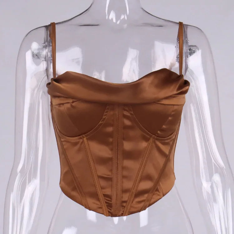 Suninheart Bustier en satin épais corset haut court avec coussinets de poitrine bretelles spaghetti haut moulant blanc hauts d'été pour femmes avec arêtes de poisson