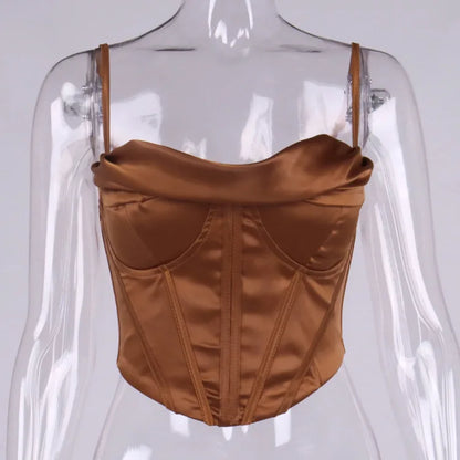 Suninheart Bustier en satin épais corset haut court avec coussinets de poitrine bretelles spaghetti haut moulant blanc hauts d'été pour femmes avec arêtes de poisson