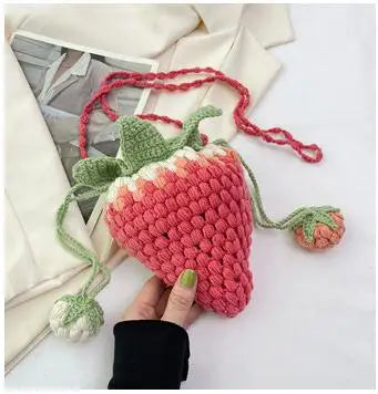 Lindo bolso pequeño de verano tejido con fresas, bolso bandolera pequeño tipo cubo para niñas