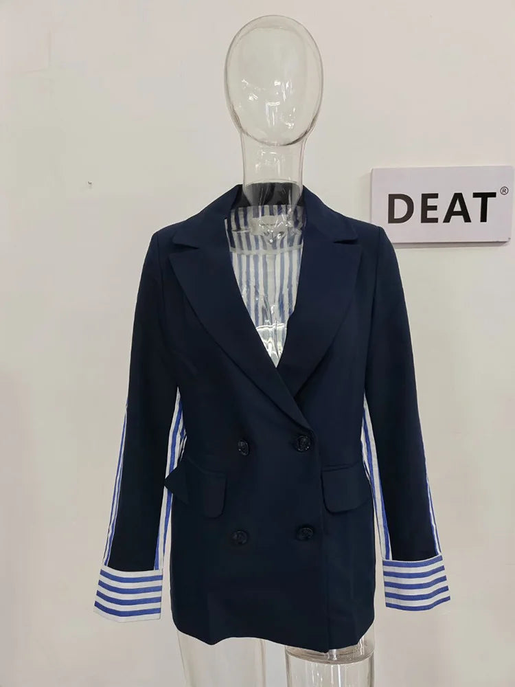 DEAT Fashion Blazer pour femme, nouvelle veste de costume ample à double boutonnage, épissée, rayée, longue, automne 2024 17A206H