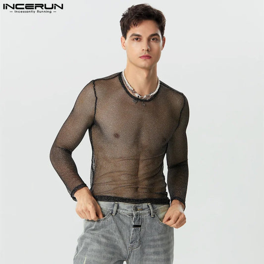 Hauts de style boîte de nuit de fête INCERUN Nouveaux hommes paillettes maille transparente Camiseta Sexy mâle tout-match à manches longues mince T-shirts S-5XL