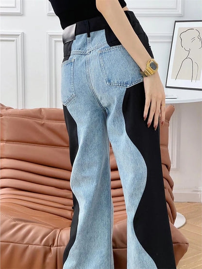 DEAT Fashion Women's Jeasn New High Waist Black Blue Wave Spliced Straight Tube Wide Leg Denim Pants Tide Autumn 2024 17A2517